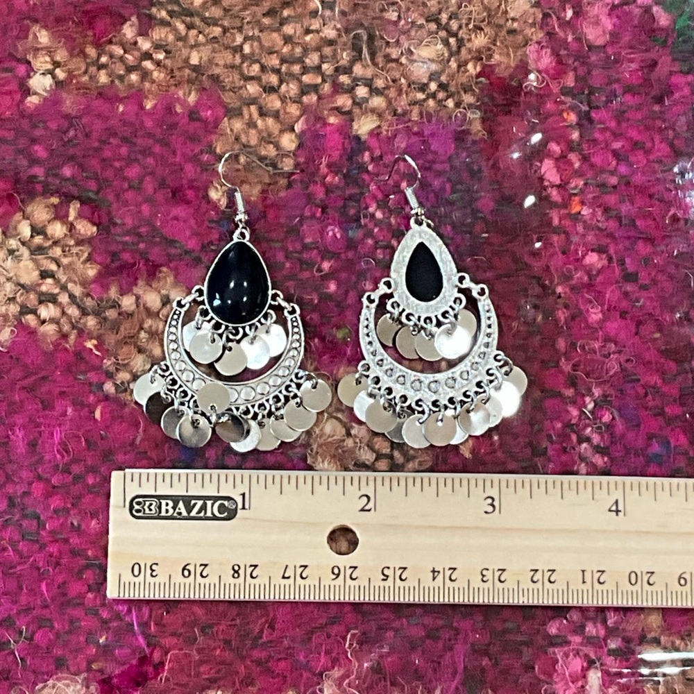 Silver and Black Dangle Earrings - Picture 6 of 6